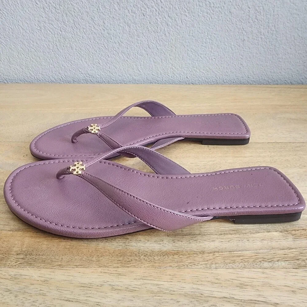 Tory Burch Sandals Shoes Womens Size 6.5M Purple Leather Thong Flip Flop Logo